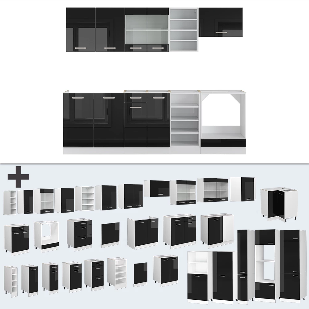 Complete keukeneenheid in Zwart hoogglans/wit on white background with decorative elements