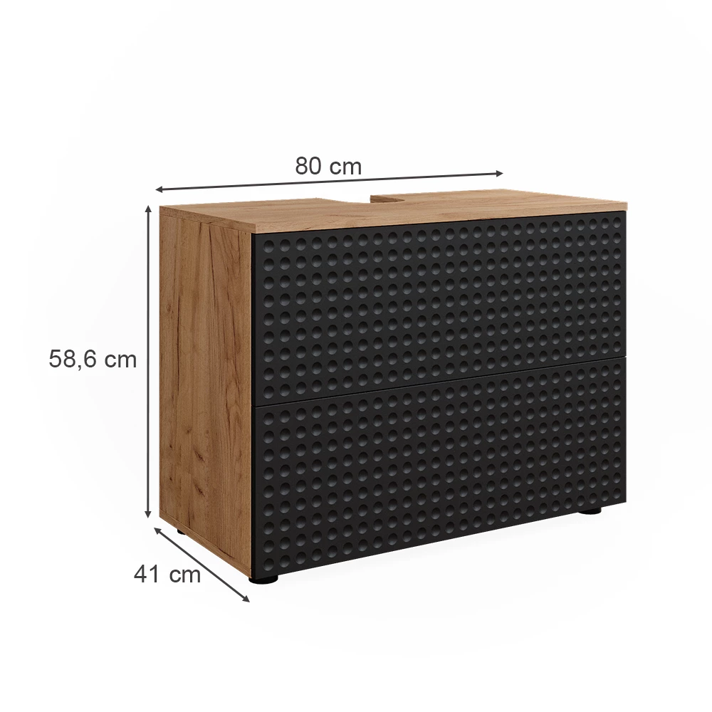 Meuble sous vasque simple en Anthracite à pois sur fond blanc avec dimensions visibles