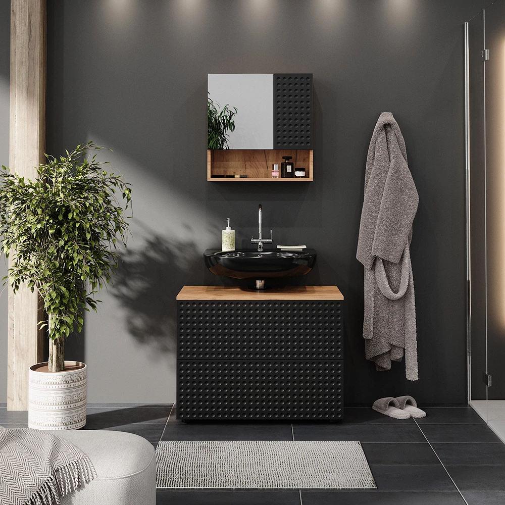 Meuble sous vasque simple en Anthracite à pois, présenté dans un décor ambiant avec décoration