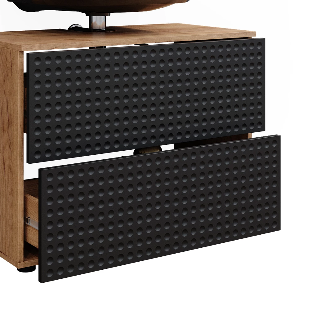 Gros plan de Meuble sous vasque simple en Anthracite à pois, montrant le design et les détails de surface