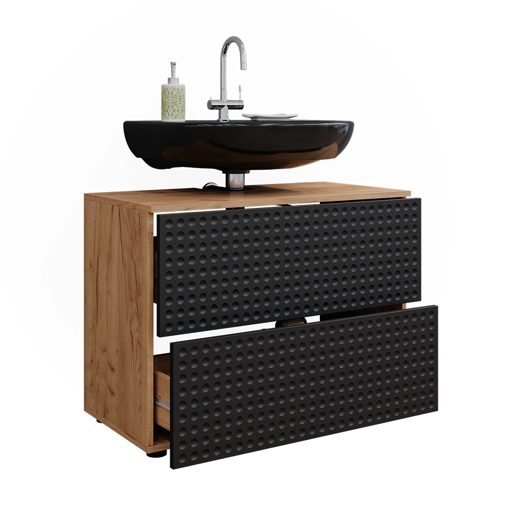 Meuble sous vasque simple en Anthracite à pois sur fond blanc avec des éléments décoratifs