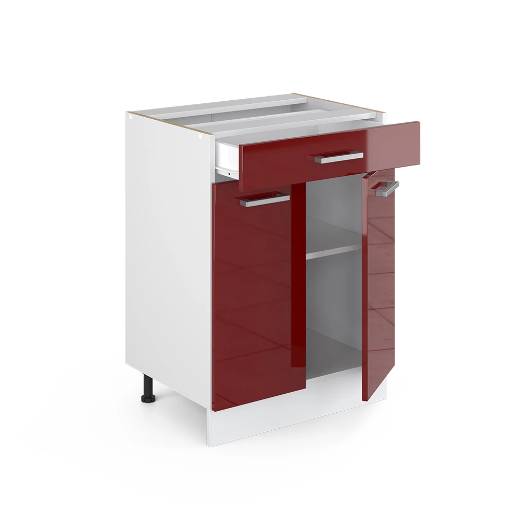 Küchenunterschrank R-Line Rot Hochglanz 60 cm mit Schublade, AP Eiche livinity®