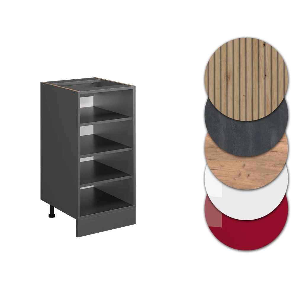 Nahaufnahme von Küchenregal in Anthrazit, zeigt Design- und Oberflächendetails