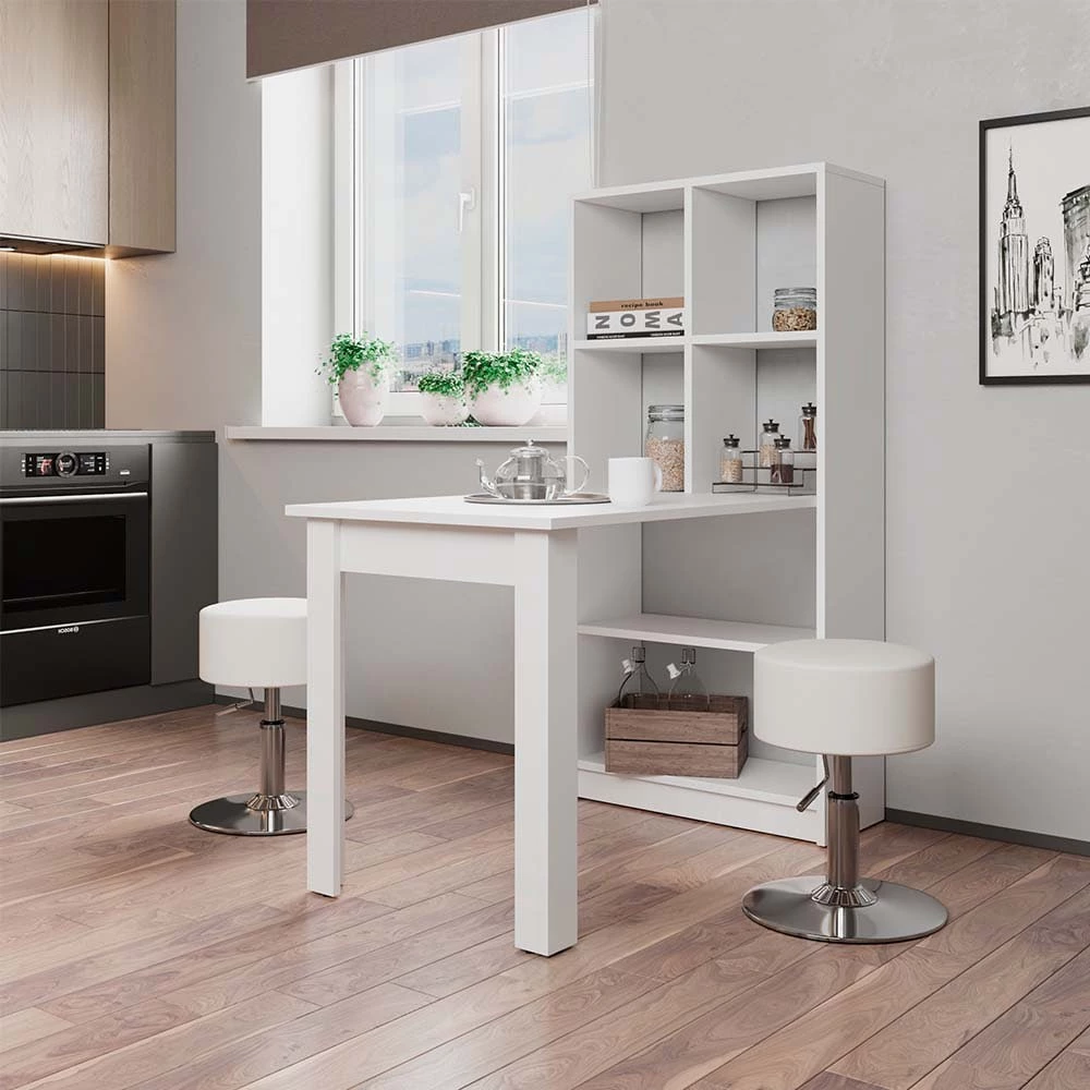 Esstisch in Weiß, dargestellt im Ambiente mit Dekoration