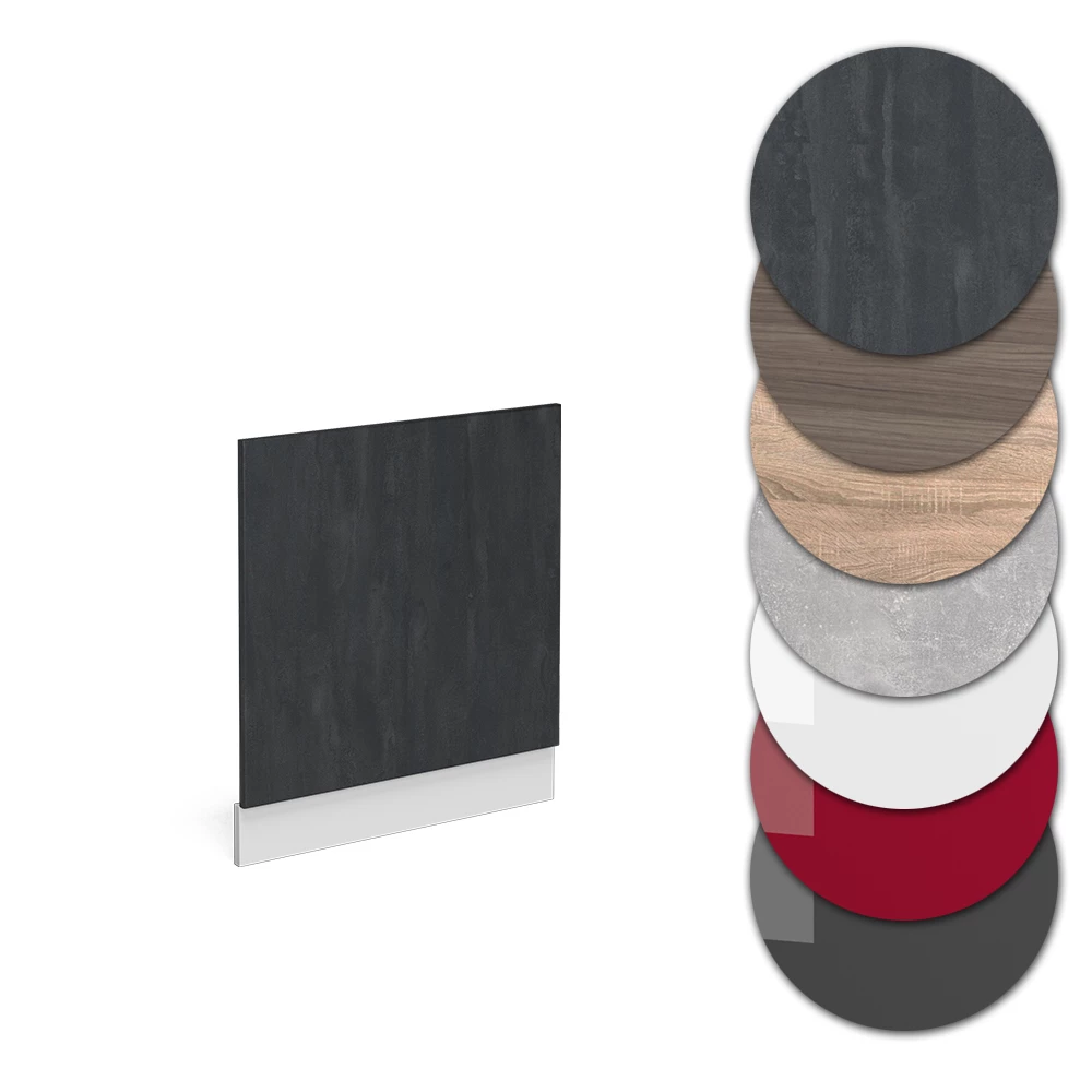 Nahaufnahme von Frontblende in Schwarz Beton, zeigt Textur/Details