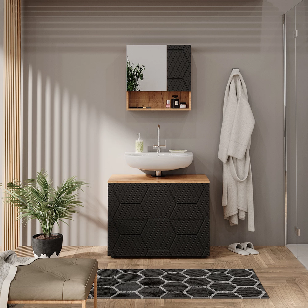 Vicco Waschbeckenunterschrank Anthrazit gestreift 80 cm mit 2 Schubladen, Irma