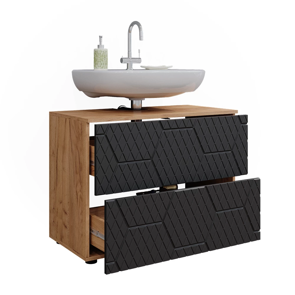 Vicco Waschbeckenunterschrank Anthrazit gestreift 80 cm mit 2 Schubladen, Irma