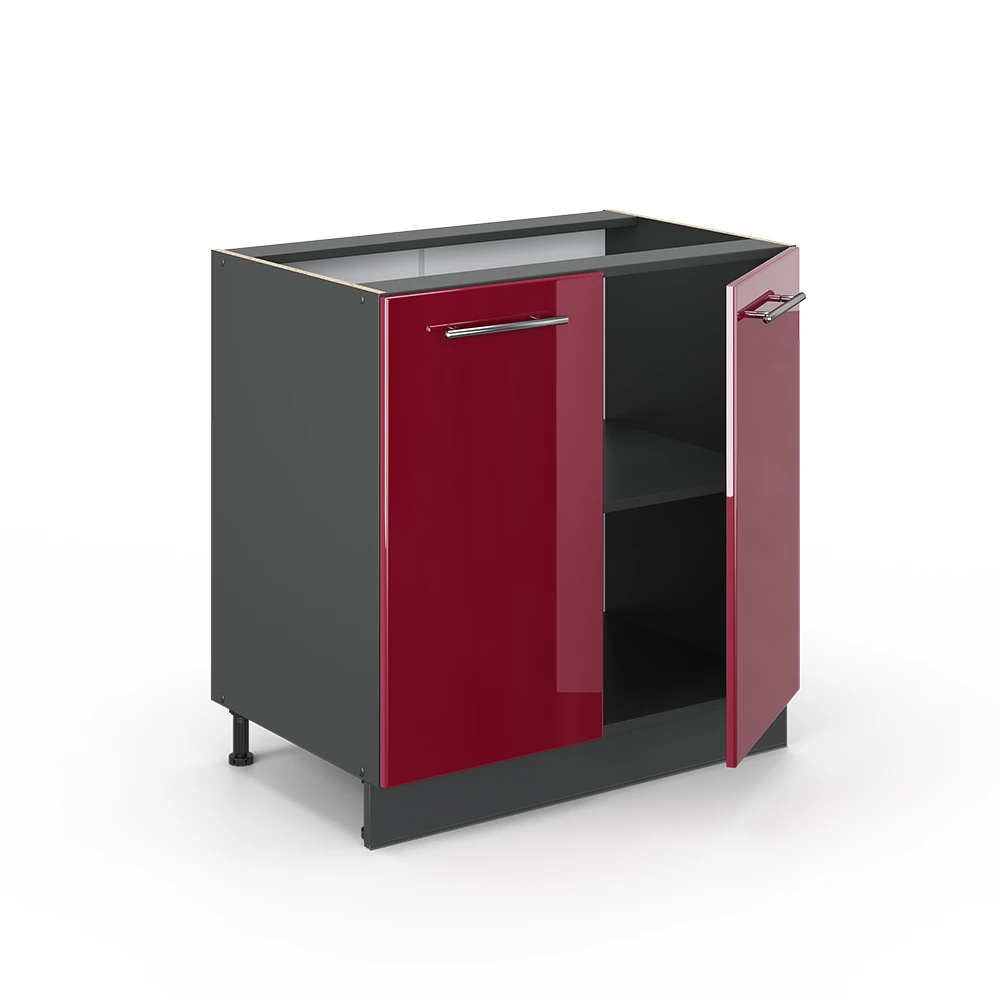 Nahaufnahme von Spülenunterschrank in Bordeaux Hochglanz, zeigt Design- und Oberflächendetails