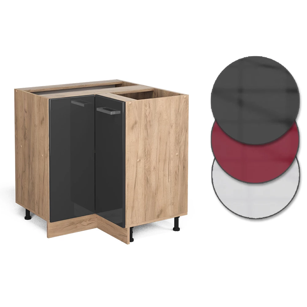 Nahaufnahme von Eckunterschrank in Anthrazit Hochglanz, zeigt Design- und Oberflächendetails
