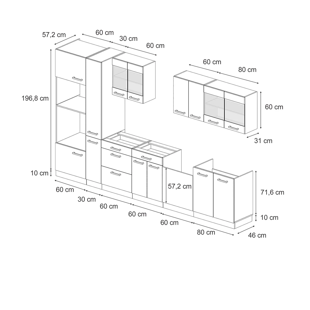 Vicco Küchenzeile Anthrazit Hochglanz/Goldkraft Eiche 350 cm mit Hochschrank, ohne Arbeitsplatte, R-Line