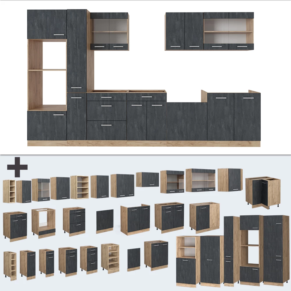 Nahaufnahme von Küchenzeile in Schwarz Beton/Goldkraft Eiche, zeigt Design- und Oberflächendetails