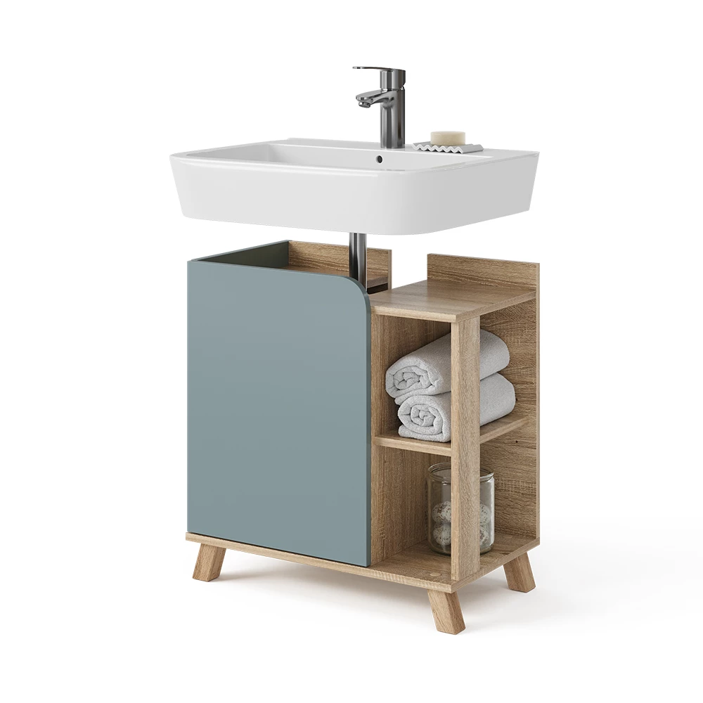 Vicco Waschbeckenunterschrank Blau-Grau 60 x 65 cm mit Tür und offenen Fächern, Karen