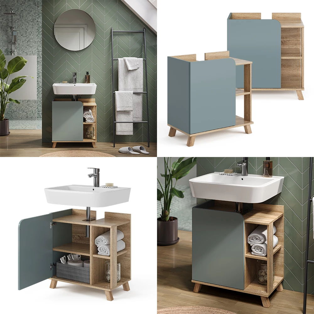 Vicco Waschbeckenunterschrank Blau-Grau 60 x 65 cm mit Tür und offenen Fächern, Karen