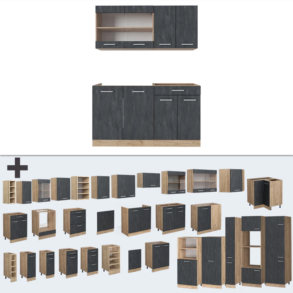 Nahaufnahme von Küchenzeile in Schwarz Beton/Goldkraft Eiche, zeigt Design- und Oberflächendetails