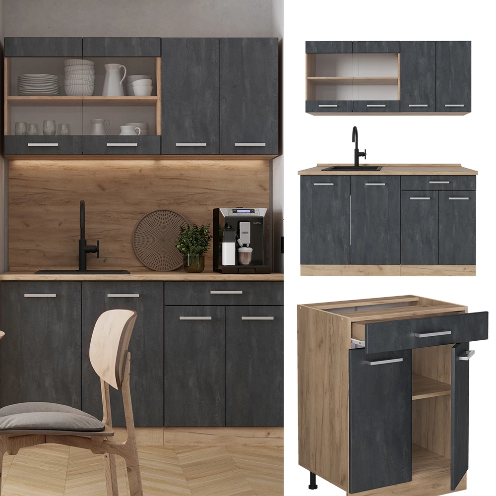 Küchenzeile in Schwarz Beton/Goldkraft Eiche, dargestellt im Ambiente und auf weißem Hintergrund
