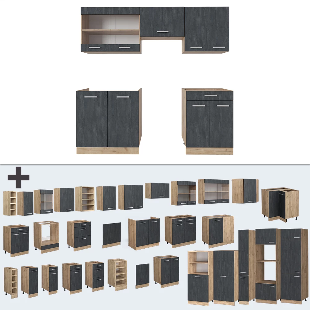 Nahaufnahme von Küchenzeile in Schwarz Beton/Goldkraft Eiche, zeigt Design- und Oberflächendetails