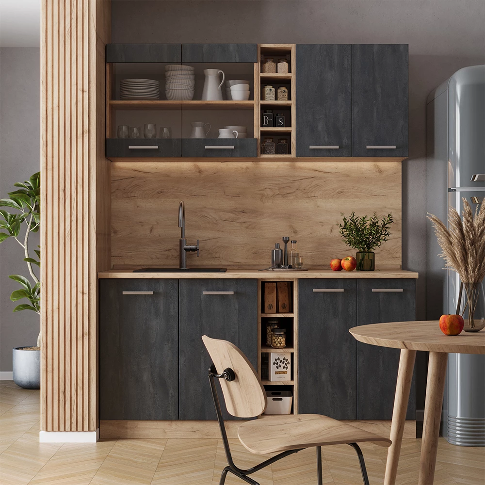 Egyszemélyes konyha Fekete beton/arany tölgy színben fehér háttéren