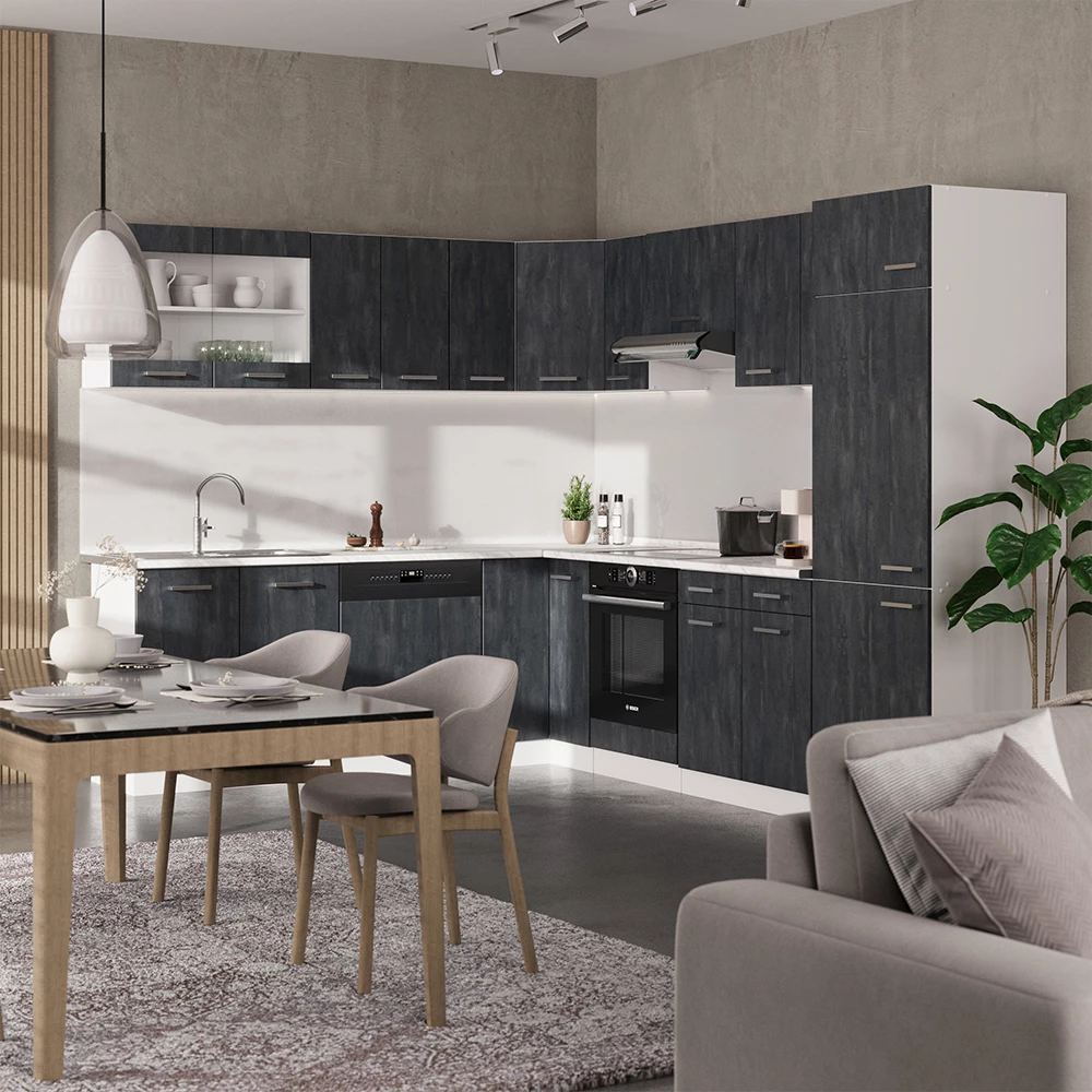 Vicco Cucina angolare completa Nero cemento/bianco 227 x 287 cm PL Antracite, R-Line