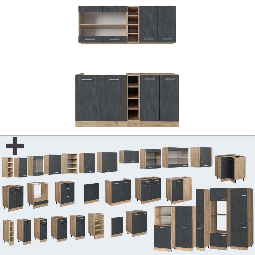 Nahaufnahme von Singleküche in Schwarz Beton/Goldkraft Eiche, zeigt Design- und Oberflächendetails