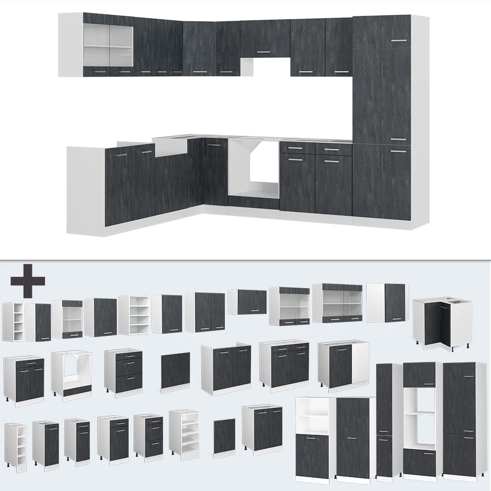 Nahaufnahme von Eckküche in Schwarz Beton/Weiß, zeigt Design- und Oberflächendetails