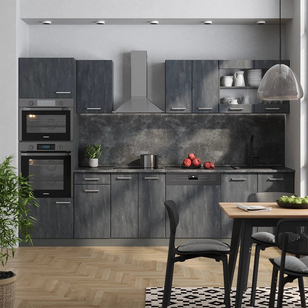 Vicco Komplettküche Schwarz Beton/Anthrazit 300 cm ohne Arbeitsplatte, R-Line