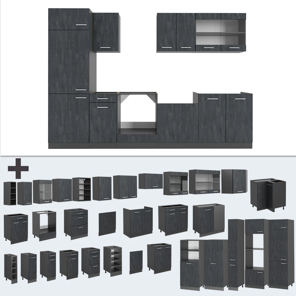 Nahaufnahme von Küchenzeile in Schwarz Beton/Anthrazit, zeigt Design- und Oberflächendetails