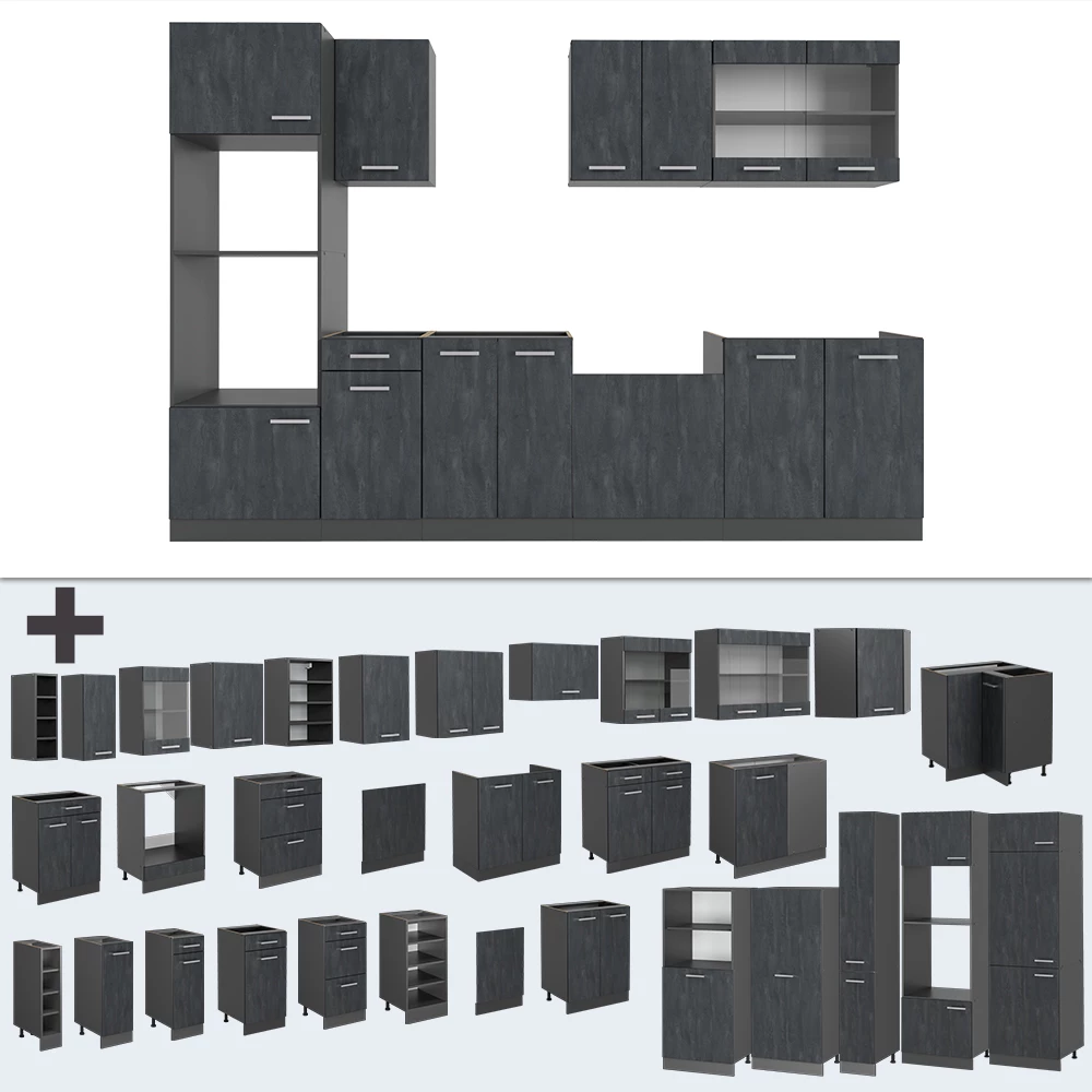 Nahaufnahme von Küchenzeile in Schwarz Beton/Anthrazit, zeigt Design- und Oberflächendetails