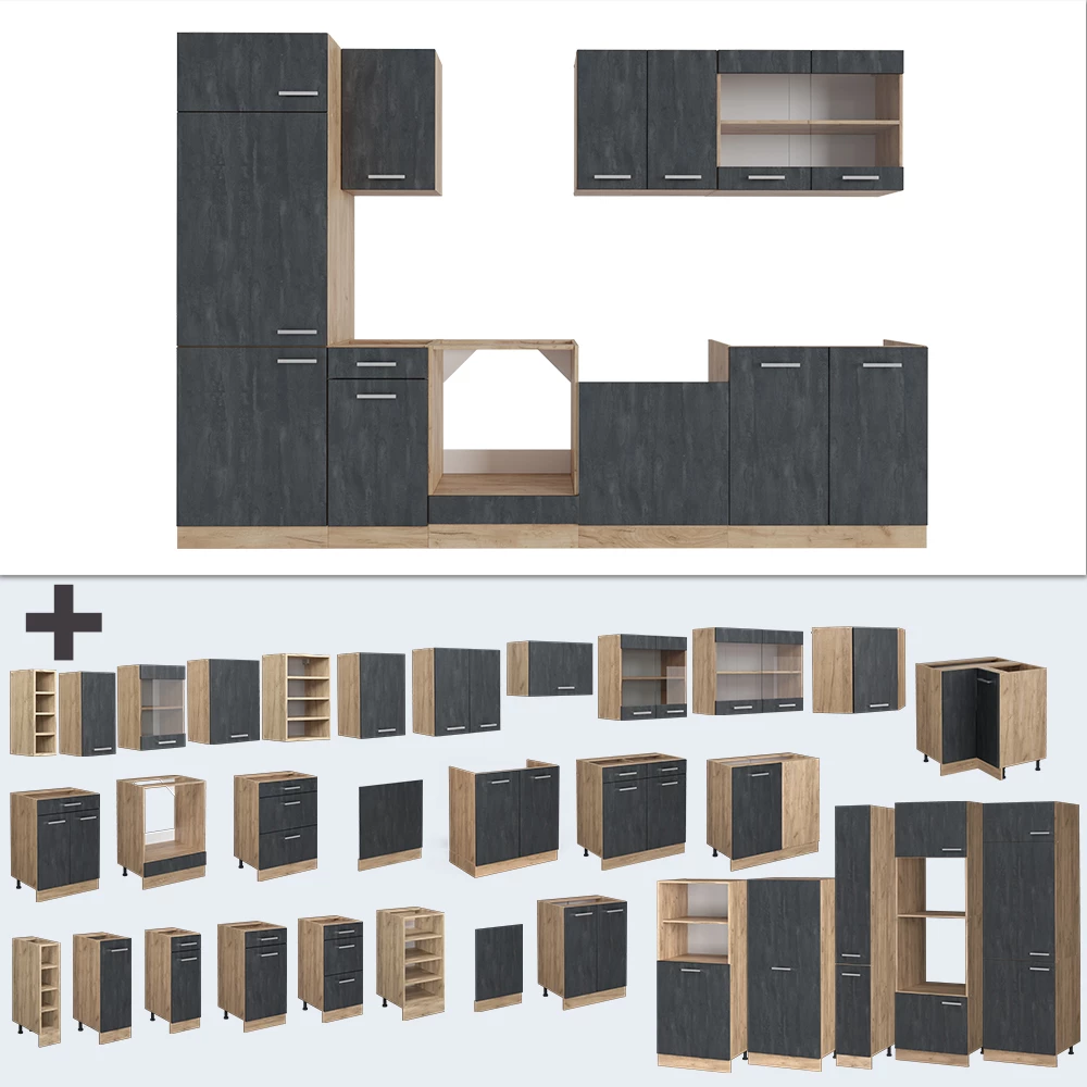Nahaufnahme von Küchenzeile in Schwarz Beton/Goldkraft Eiche, zeigt Design- und Oberflächendetails