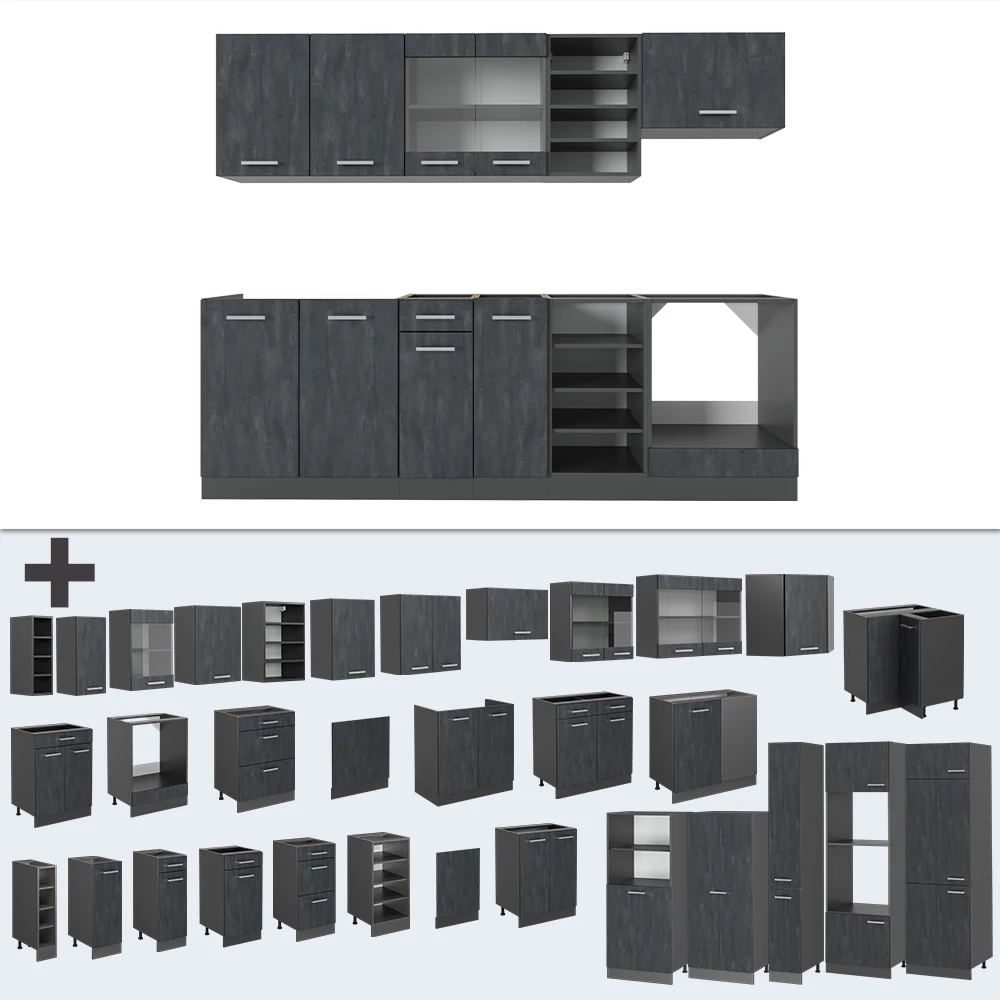 Nahaufnahme von Küchenzeile in Schwarz Beton/Anthrazit, zeigt Design- und Oberflächendetails