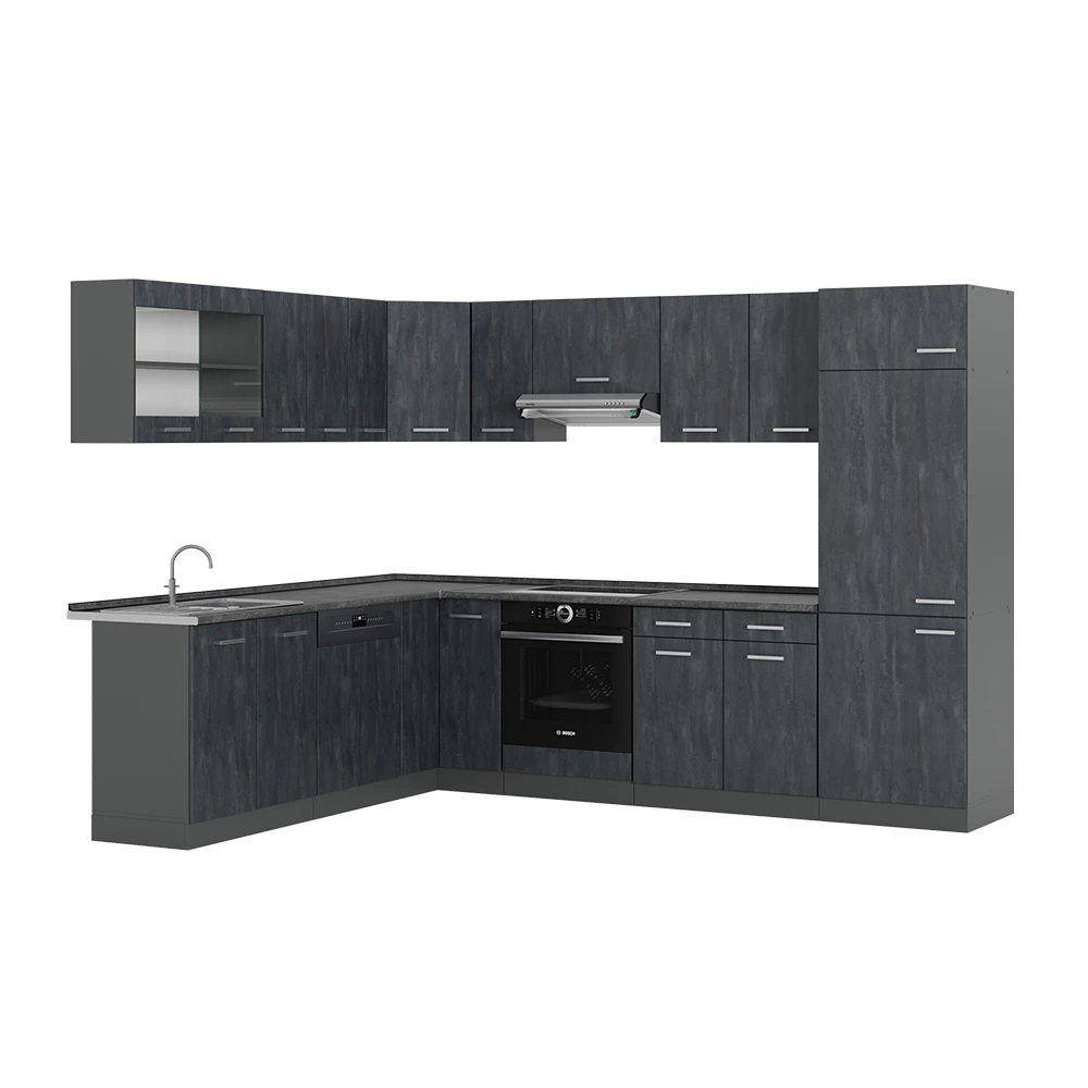 Vicco Einbauküche in L-Form Schwarz Beton/Anthrazit 227 x 287 cm ohne Arbeitsplatte, R-Line