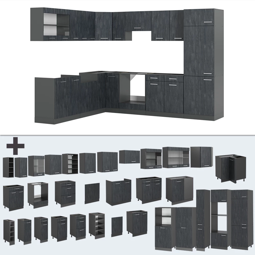 Nahaufnahme von Eckküche in Schwarz Beton/Anthrazit, zeigt Design- und Oberflächendetails