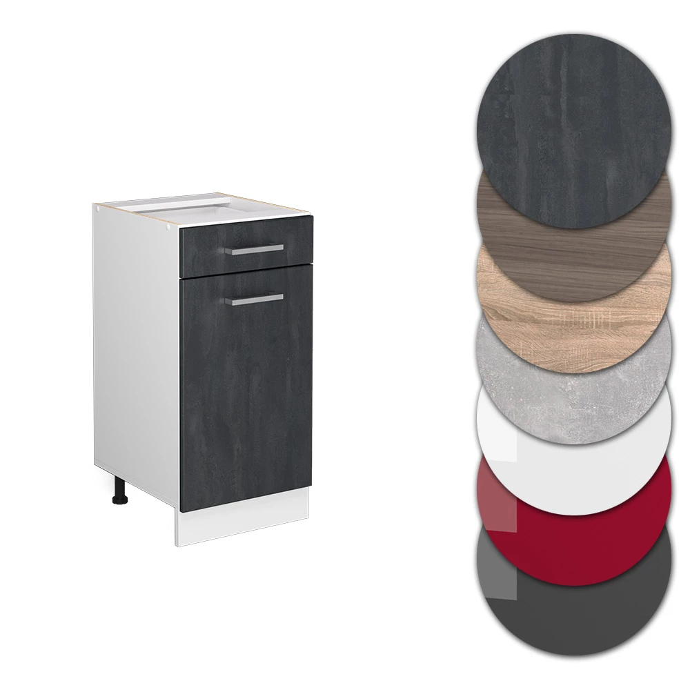 Nahaufnahme von Küchenunterschrank in Schwarz Beton, zeigt Design- und Oberflächendetails