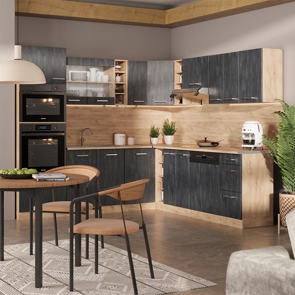 Vicco Cucina angolare completa Calcestruzzo nero/quercia dorata 237 x 247 cm PL Antracite, R-Line