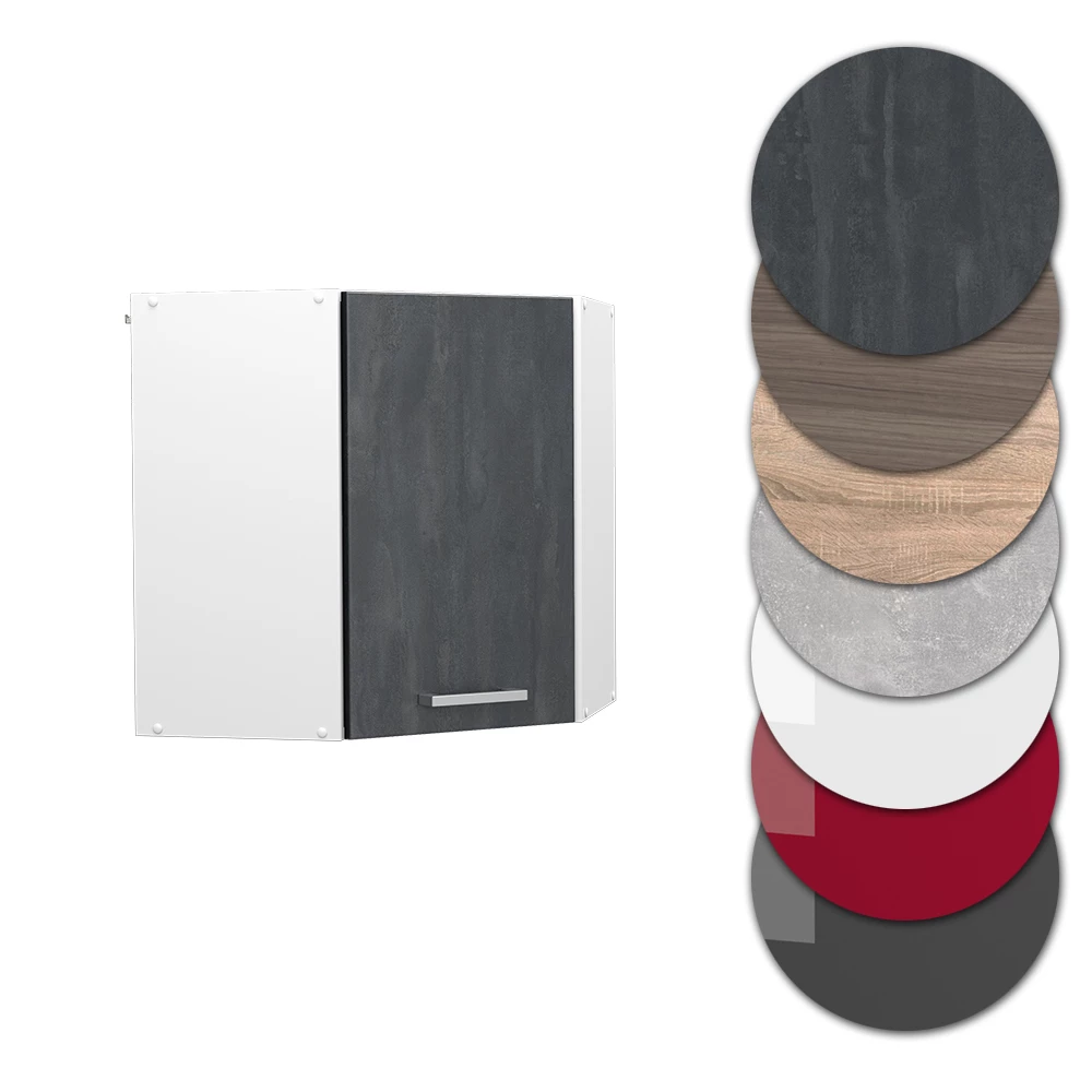 Nahaufnahme von Eckhängeschrank in Schwarz Beton, zeigt Design- und Oberflächendetails