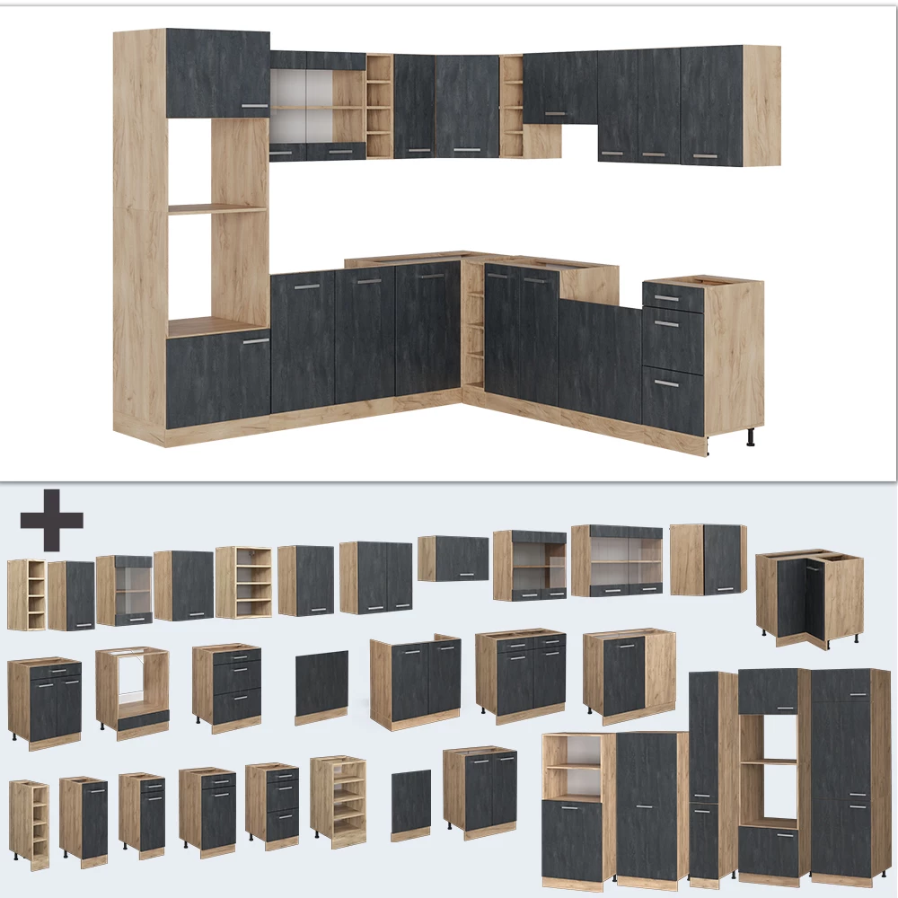 Nahaufnahme von Eckküche in Schwarz Beton/Goldkraft Eiche, zeigt Design- und Oberflächendetails