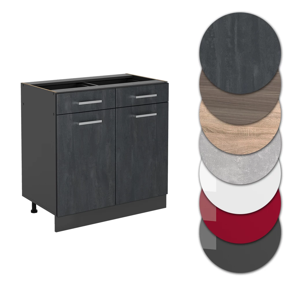 Nahaufnahme von Küchenunterschrank in Schwarz Beton, zeigt Design- und Oberflächendetails