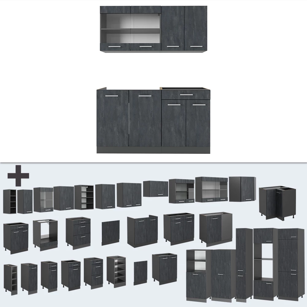 Nahaufnahme von Küchenzeile in Schwarz Beton/Anthrazit, zeigt Design- und Oberflächendetails