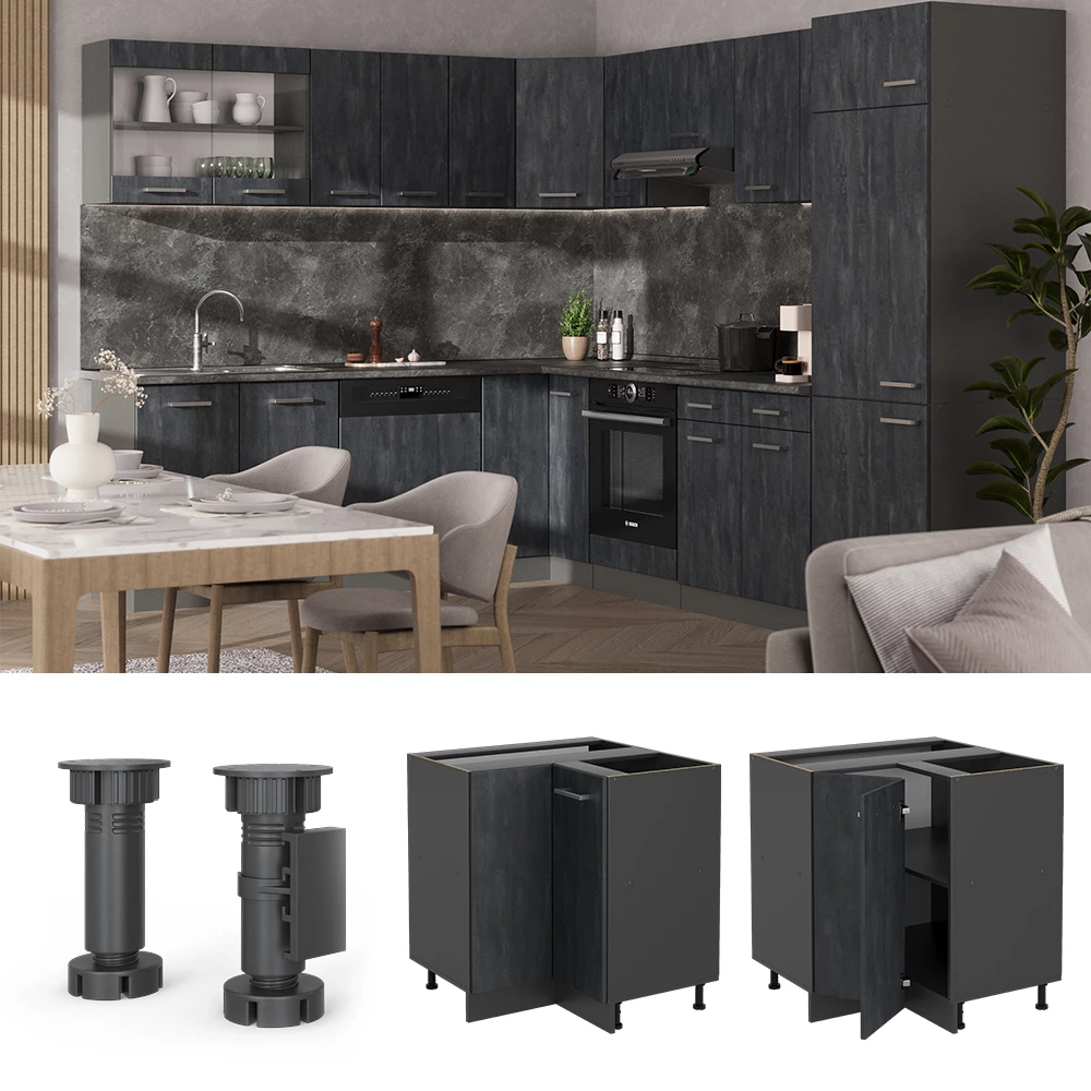 Eckunterschrank in Schwarz Beton, dargestellt im Ambiente und auf weißem Hintergrund