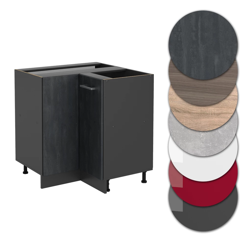 Nahaufnahme von Eckunterschrank in Schwarz Beton, zeigt Design- und Oberflächendetails