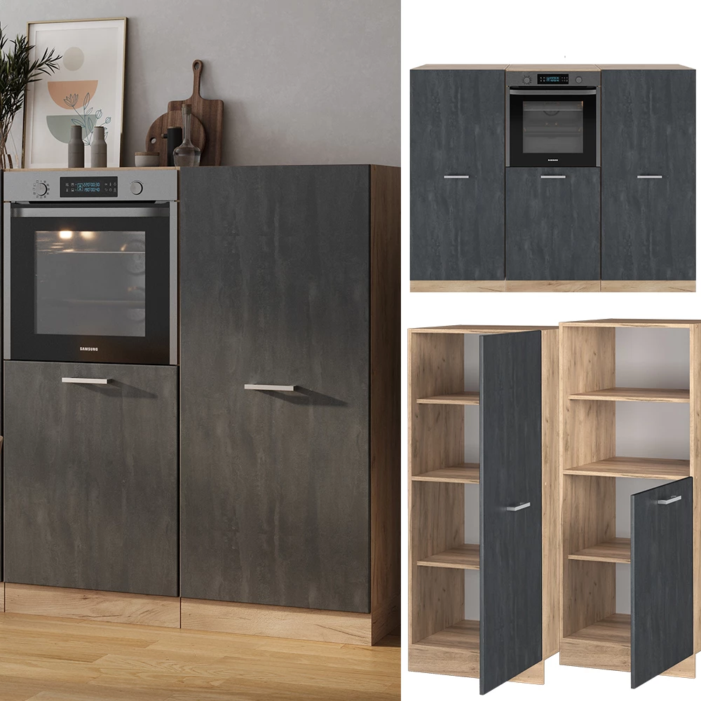 Küchenblock in Schwarz Beton/Goldkraft Eiche, dargestellt im Ambiente und auf weißem Hintergrund