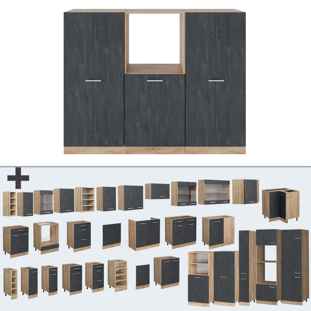 Nahaufnahme von Küchenblock in Schwarz Beton/Goldkraft Eiche, zeigt Design- und Oberflächendetails