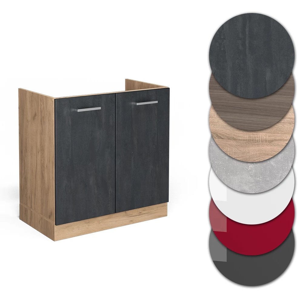 Nahaufnahme von Küchenunterschrank in Schwarz Beton, zeigt Design- und Oberflächendetails