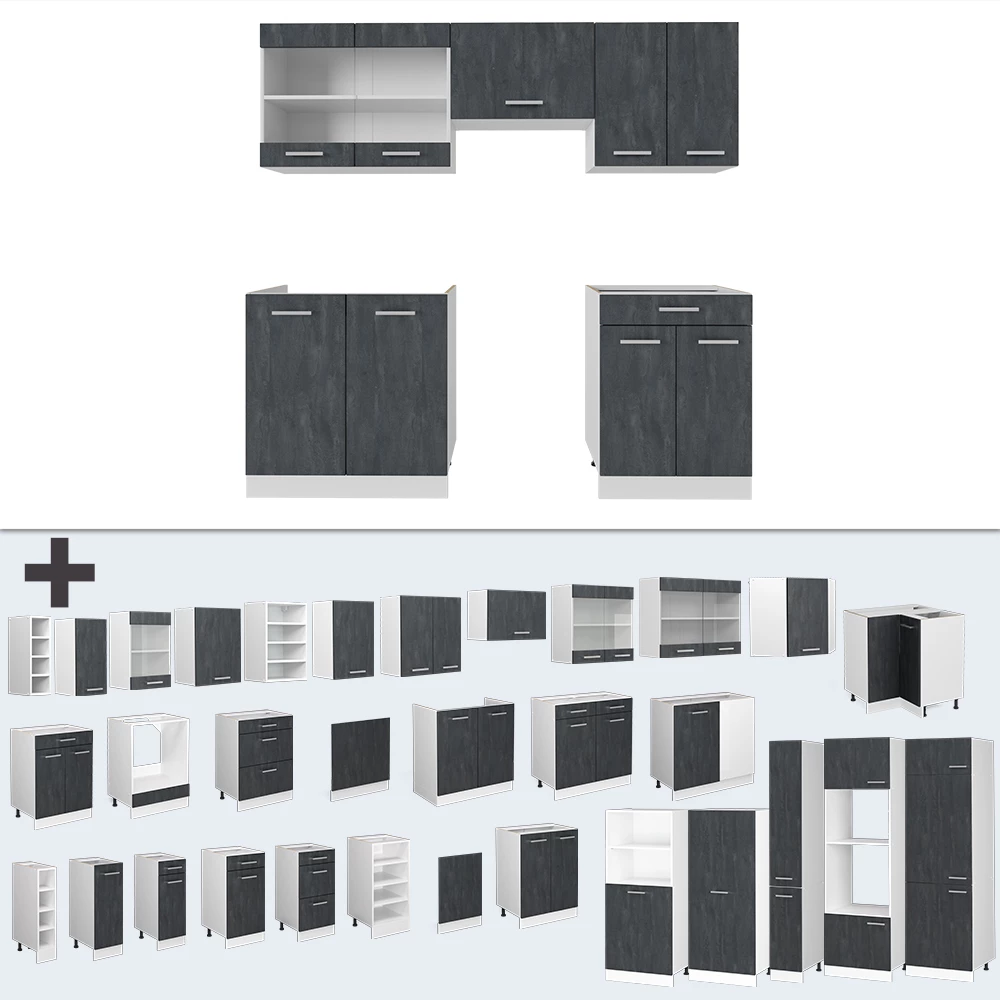 Nahaufnahme von Küchenzeile in Schwarz Beton/Weiß, zeigt Design- und Oberflächendetails
