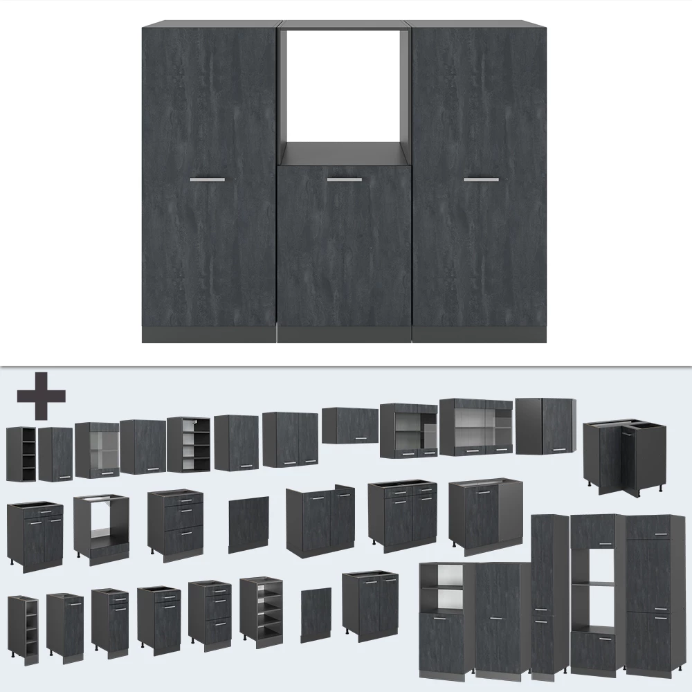 Nahaufnahme von Küchenblock in Schwarz Beton/Anthrazit, zeigt Design- und Oberflächendetails