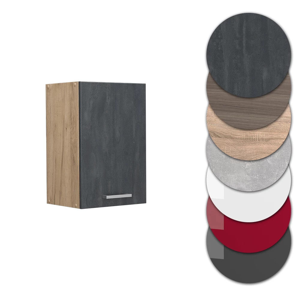 Nahaufnahme von Hängeschrank in Schwarz Beton, zeigt Design- und Oberflächendetails
