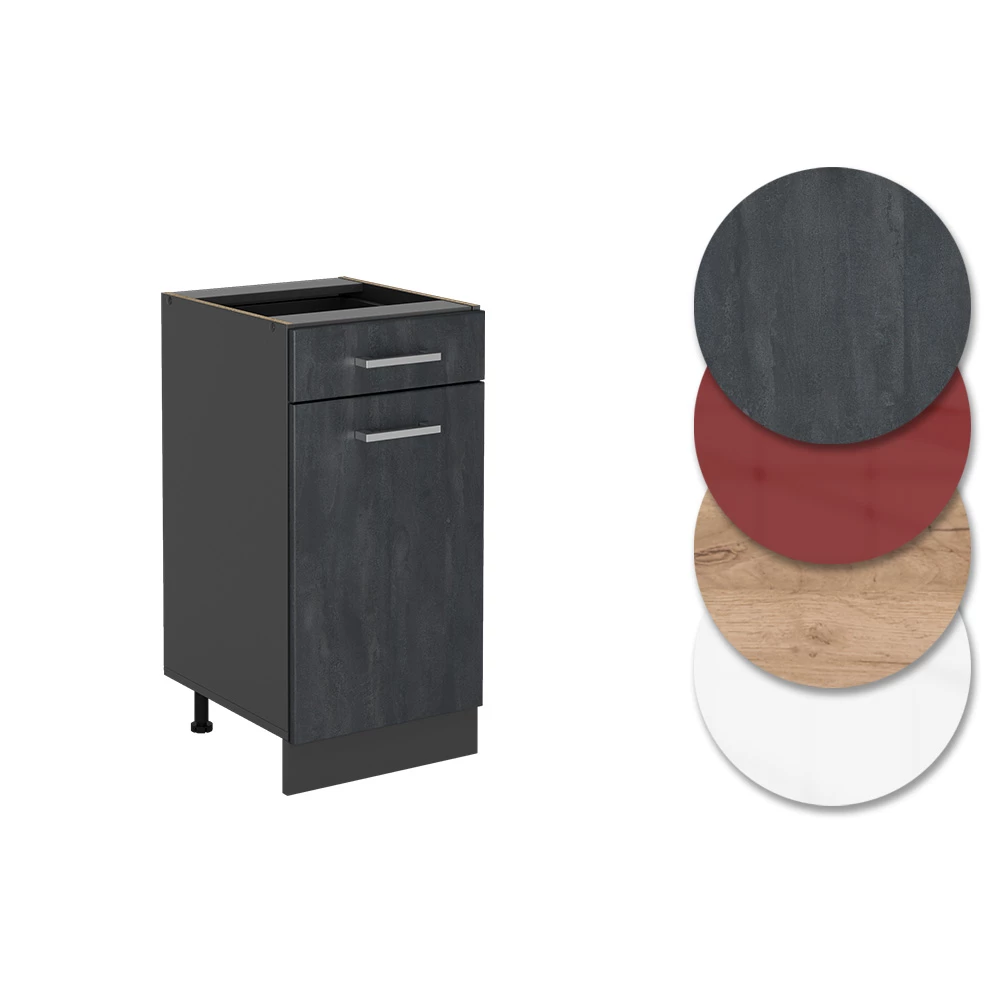 Nahaufnahme von Küchenunterschrank in Schwarz Beton, zeigt Design- und Oberflächendetails