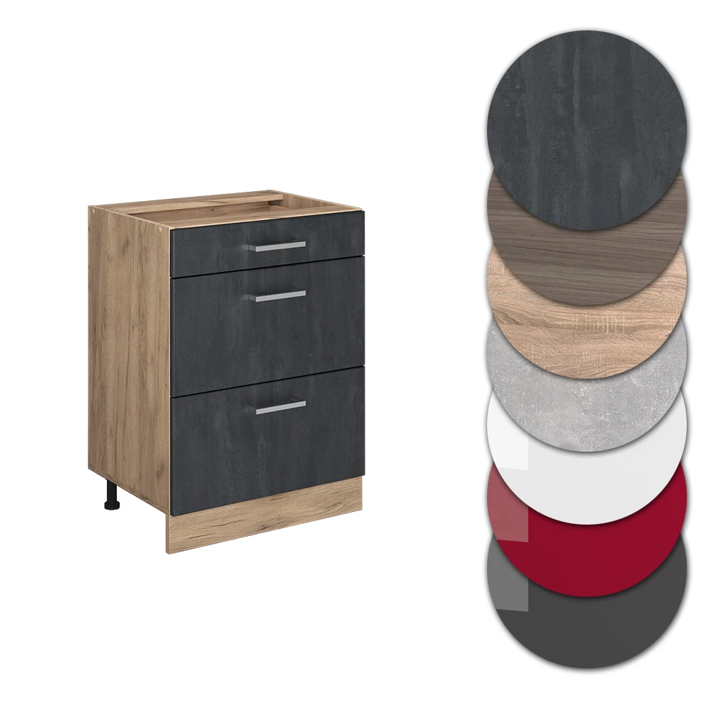 Nahaufnahme von Küchenunterschrank in Schwarz Beton, zeigt Design- und Oberflächendetails