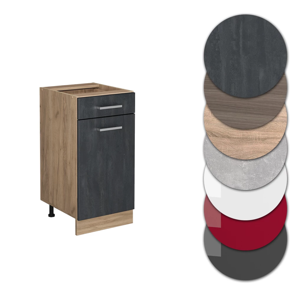 Nahaufnahme von Küchenunterschrank in Schwarz Beton, zeigt Design- und Oberflächendetails