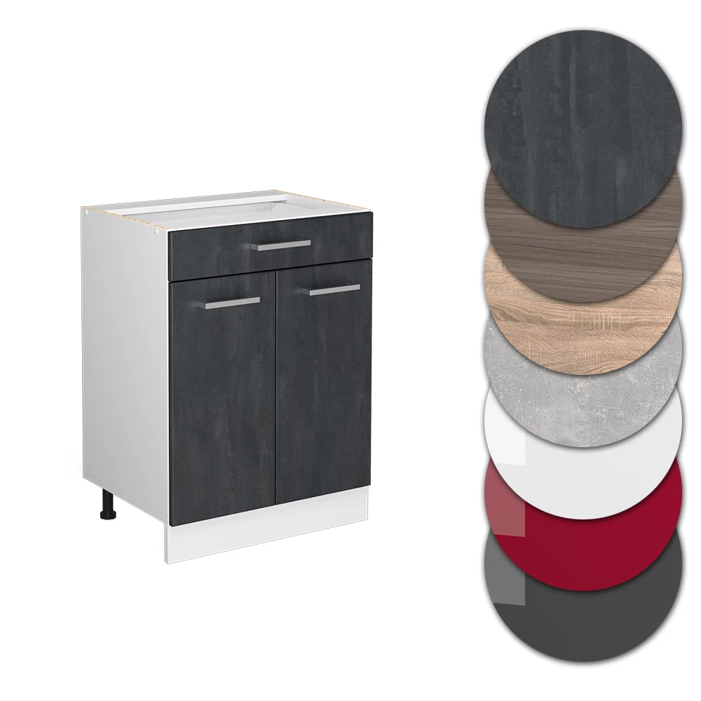 Nahaufnahme von Küchenunterschrank in Schwarz Beton, zeigt Design- und Oberflächendetails