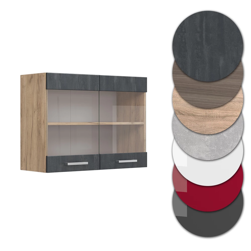 Nahaufnahme von Küchenglasschrank in Schwarz Beton, zeigt Design- und Oberflächendetails